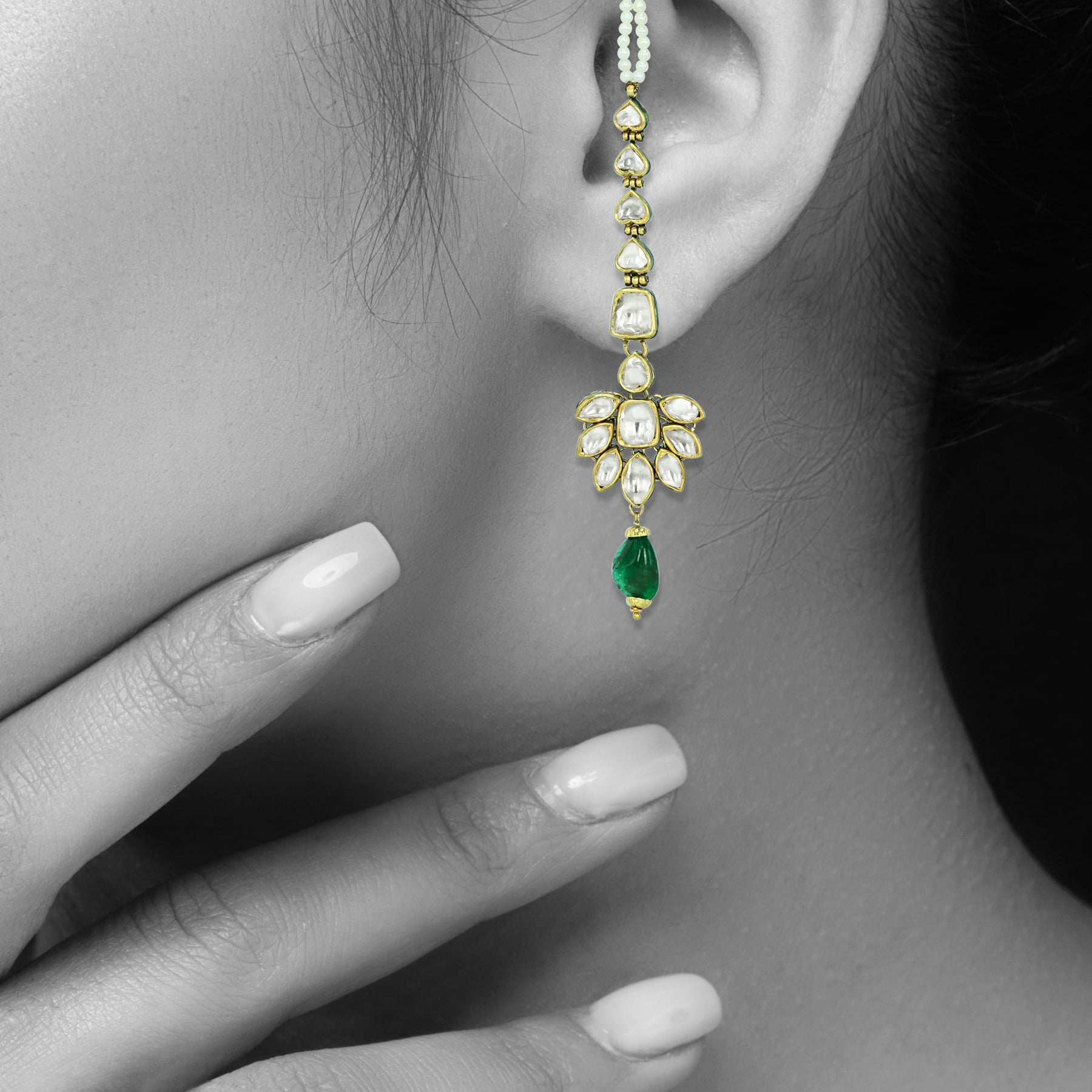 Layered Polki Necklace Set with Emerald Pendant and Kanoti Earrings